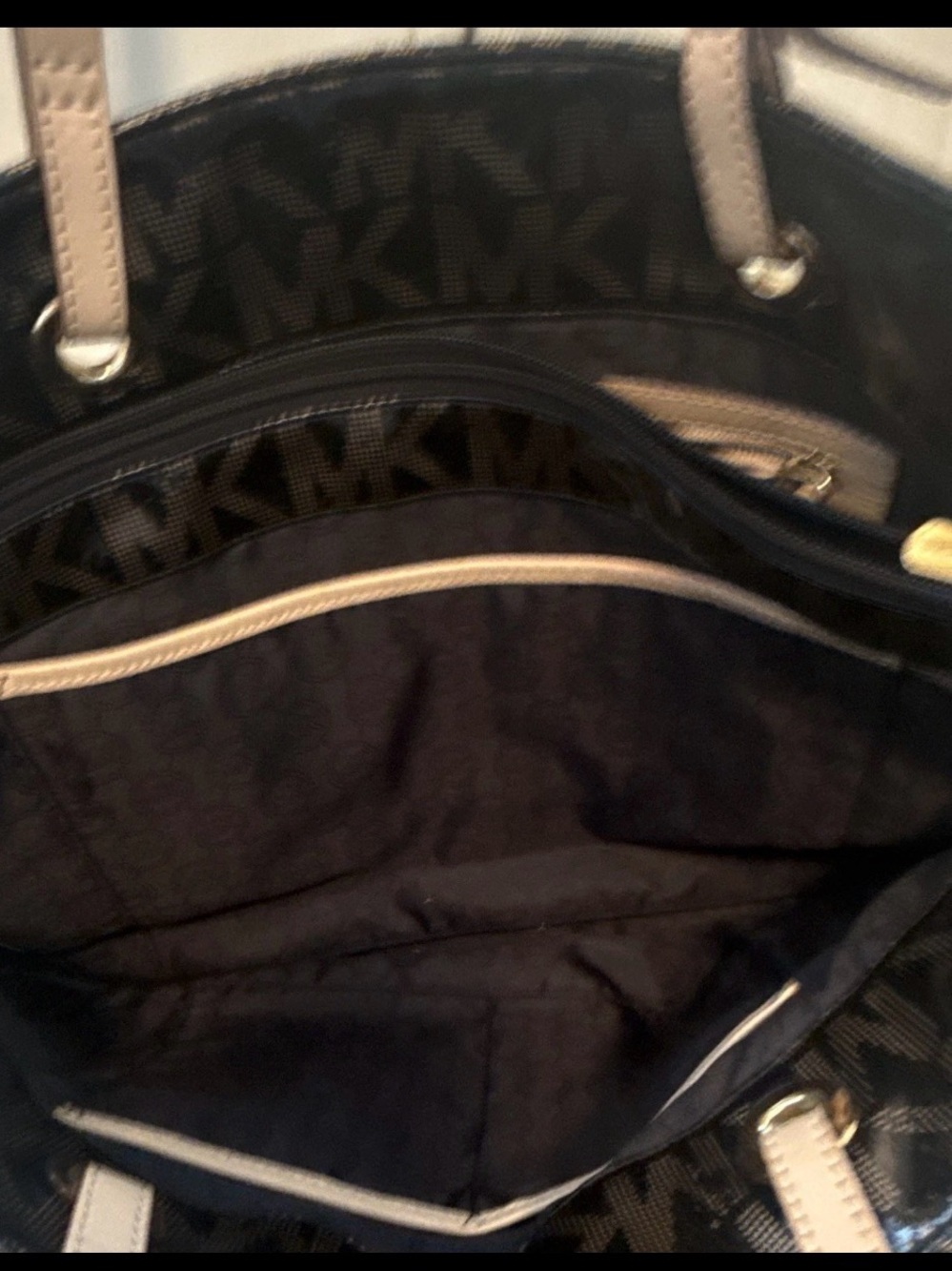 Michael Kors Black MK Logo Tote with Tan Shoulder Straps - Picture 3 of 5